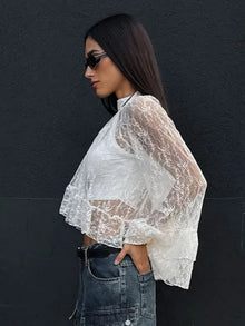 Perspective Hollow Out Gentle Wind Horn Sleeve White Lace Shirt Female Senior Sense