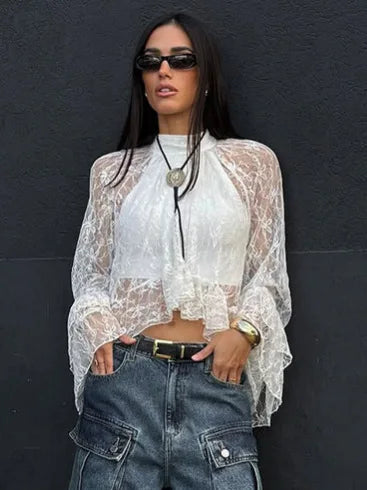Perspective Hollow Out Gentle Wind Horn Sleeve White Lace Shirt Female Senior Sense