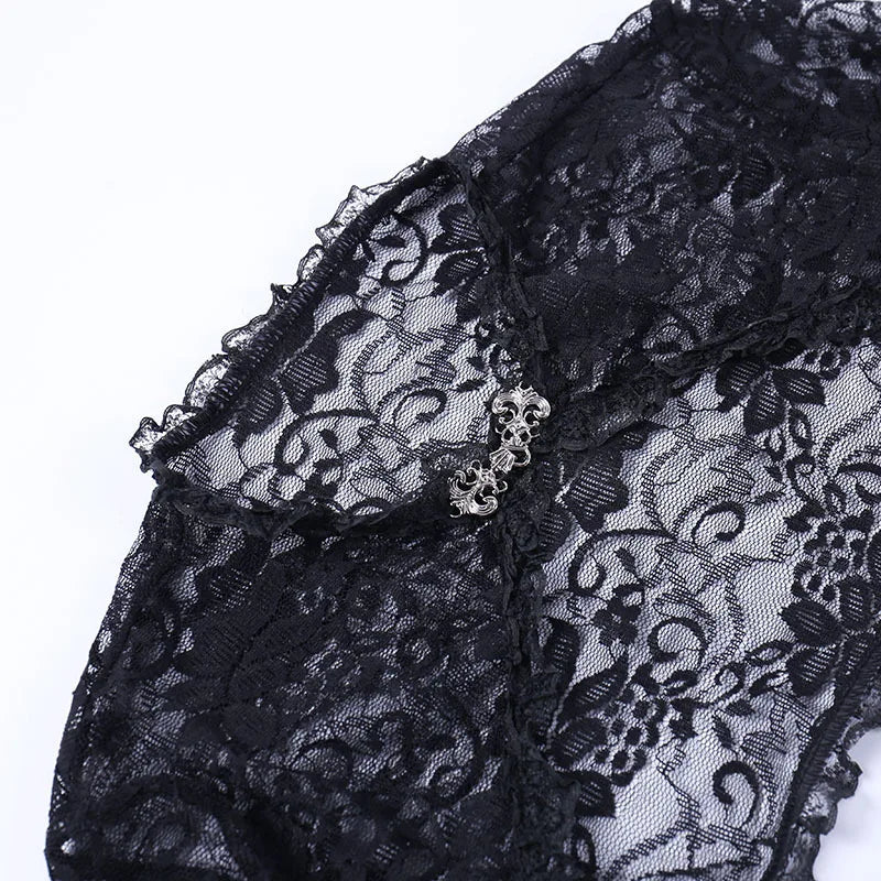 Lace Gothic See Through Shrug Tops Grunge Aesthetic Black Flare Sleeve Crop Top Women Vintage Punk Sexy Clothing