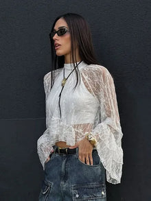 Perspective Hollow Out Gentle Wind Horn Sleeve White Lace Shirt Female Senior Sense