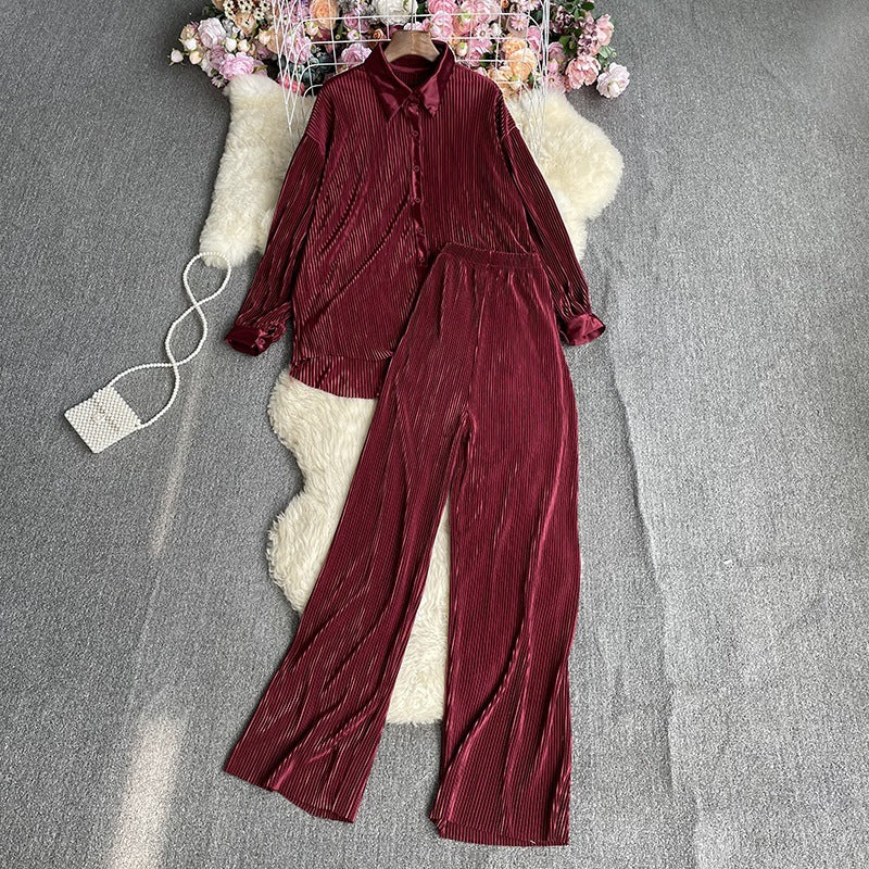 Cross-Border fashion set women's loose long sleeve pleated solid color shirt two-piece high waist draping straight wide leg trousers