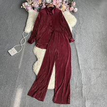 Cross-Border fashion set women's loose long sleeve pleated solid color shirt two-piece high waist draping straight wide leg trousers