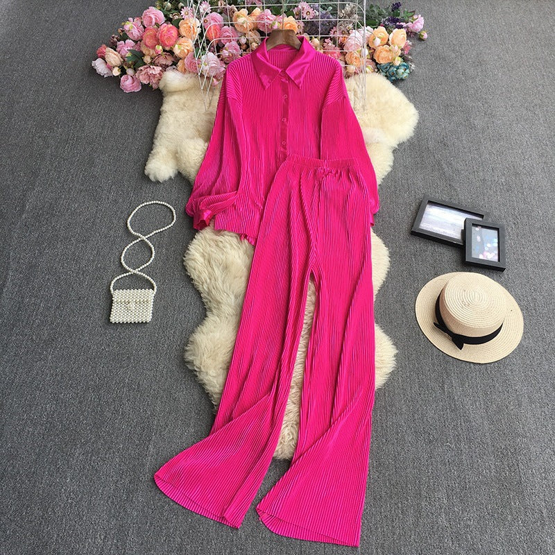Cross-Border fashion set women's loose long sleeve pleated solid color shirt two-piece high waist draping straight wide leg trousers