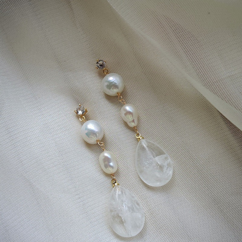 Original Design Natural Freshwater Pearl White Crystal French Water Drop Handmade Mid-Length Earrings Earrings Earrings