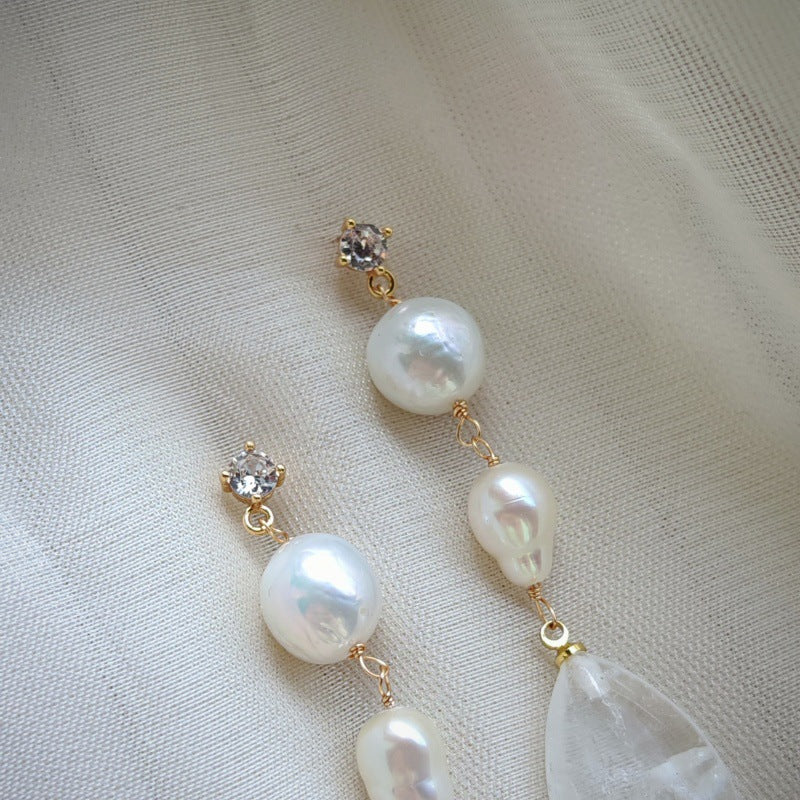Original Design Natural Freshwater Pearl White Crystal French Water Drop Handmade Mid-Length Earrings Earrings Earrings