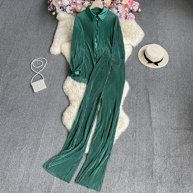 Cross-Border fashion set women's loose long sleeve pleated solid color shirt two-piece high waist draping straight wide leg trousers