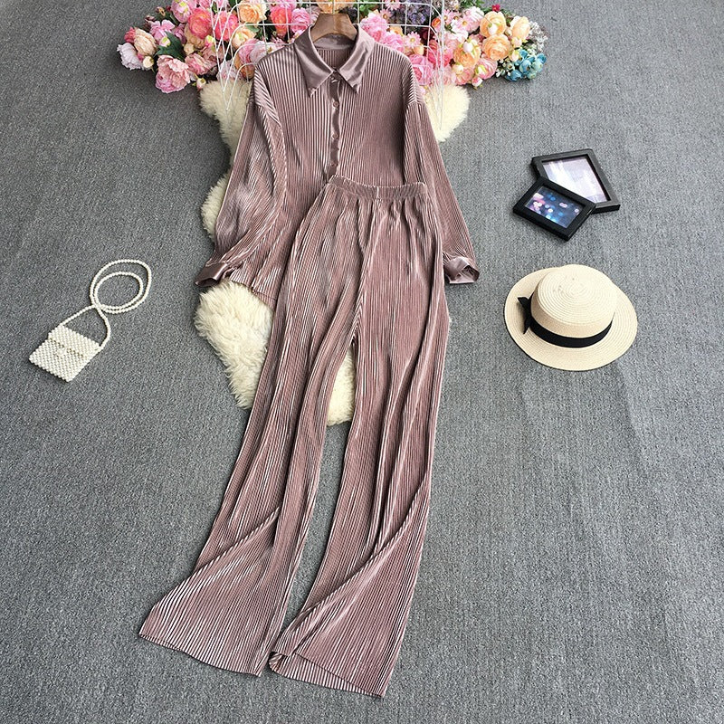 Cross-Border fashion set women's loose long sleeve pleated solid color shirt two-piece high waist draping straight wide leg trousers