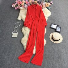 Cross-Border fashion set women's loose long sleeve pleated solid color shirt two-piece high waist draping straight wide leg trousers