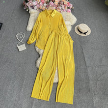 Cross-Border fashion set women's loose long sleeve pleated solid color shirt two-piece high waist draping straight wide leg trousers