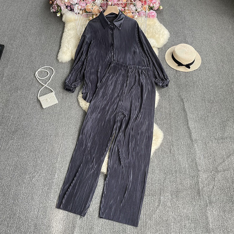 Cross-Border fashion set women's loose long sleeve pleated solid color shirt two-piece high waist draping straight wide leg trousers
