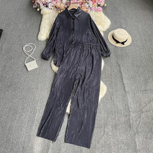 Cross-Border fashion set women's loose long sleeve pleated solid color shirt two-piece high waist draping straight wide leg trousers