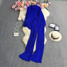 Cross-Border fashion set women's loose long sleeve pleated solid color shirt two-piece high waist draping straight wide leg trousers