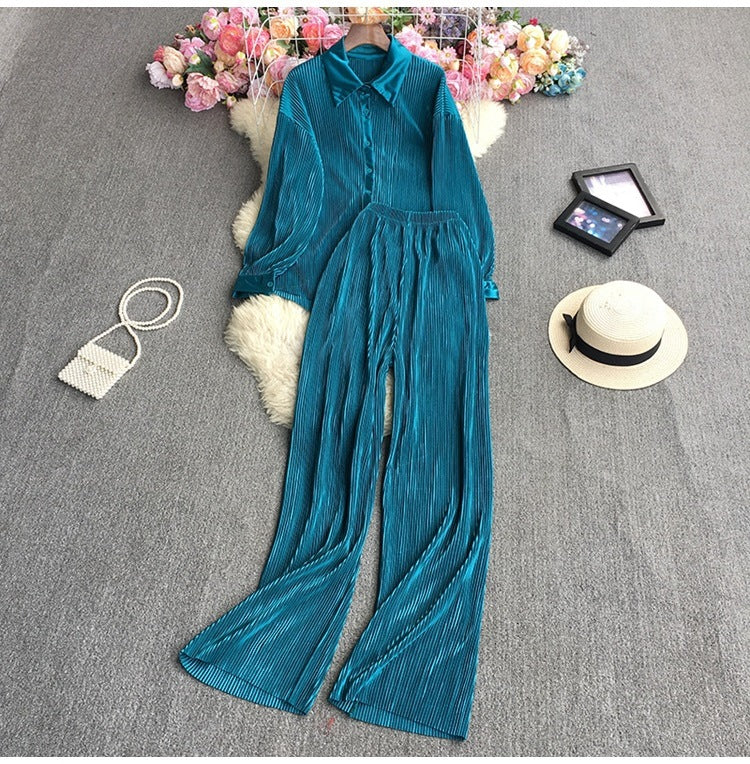 Cross-Border fashion set women's loose long sleeve pleated solid color shirt two-piece high waist draping straight wide leg trousers