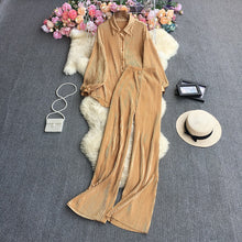 Cross-Border fashion set women's loose long sleeve pleated solid color shirt two-piece high waist draping straight wide leg trousers