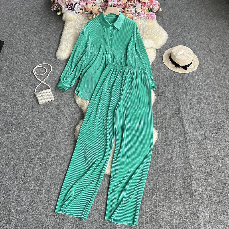 Cross-Border fashion set women's loose long sleeve pleated solid color shirt two-piece high waist draping straight wide leg trousers