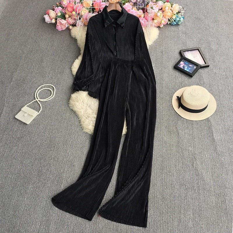 Cross-Border fashion set women's loose long sleeve pleated solid color shirt two-piece high waist draping straight wide leg trousers