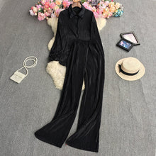 Cross-Border fashion set women's loose long sleeve pleated solid color shirt two-piece high waist draping straight wide leg trousers