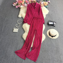 Cross-Border fashion set women's loose long sleeve pleated solid color shirt two-piece high waist draping straight wide leg trousers
