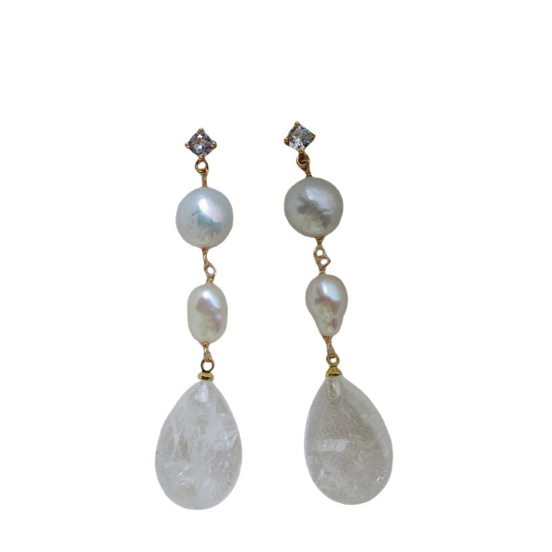 Original Design Natural Freshwater Pearl White Crystal French Water Drop Handmade Mid-Length Earrings Earrings Earrings