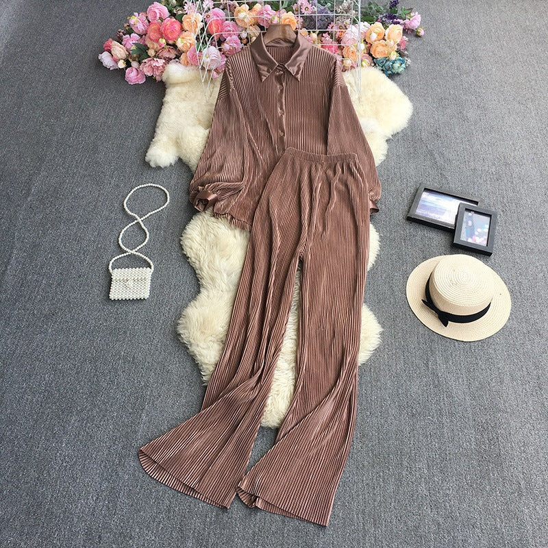 Cross-Border fashion set women's loose long sleeve pleated solid color shirt two-piece high waist draping straight wide leg trousers
