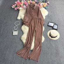 Cross-Border fashion set women's loose long sleeve pleated solid color shirt two-piece high waist draping straight wide leg trousers