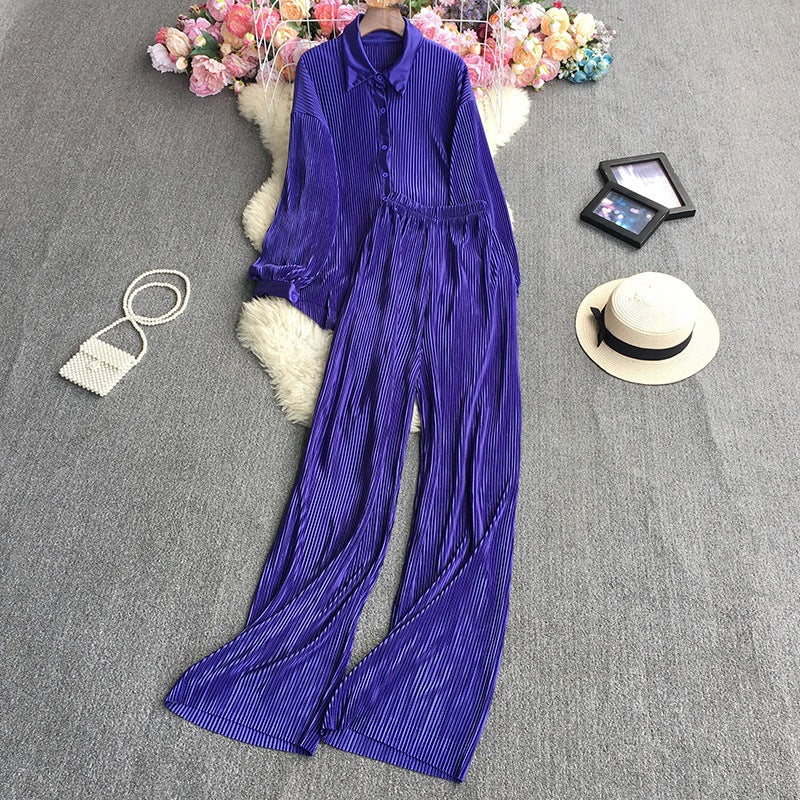Cross-Border fashion set women's loose long sleeve pleated solid color shirt two-piece high waist draping straight wide leg trousers