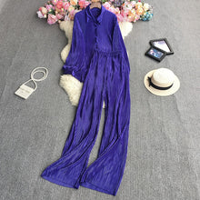 Cross-Border fashion set women's loose long sleeve pleated solid color shirt two-piece high waist draping straight wide leg trousers