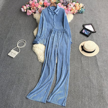 Cross-Border fashion set women's loose long sleeve pleated solid color shirt two-piece high waist draping straight wide leg trousers