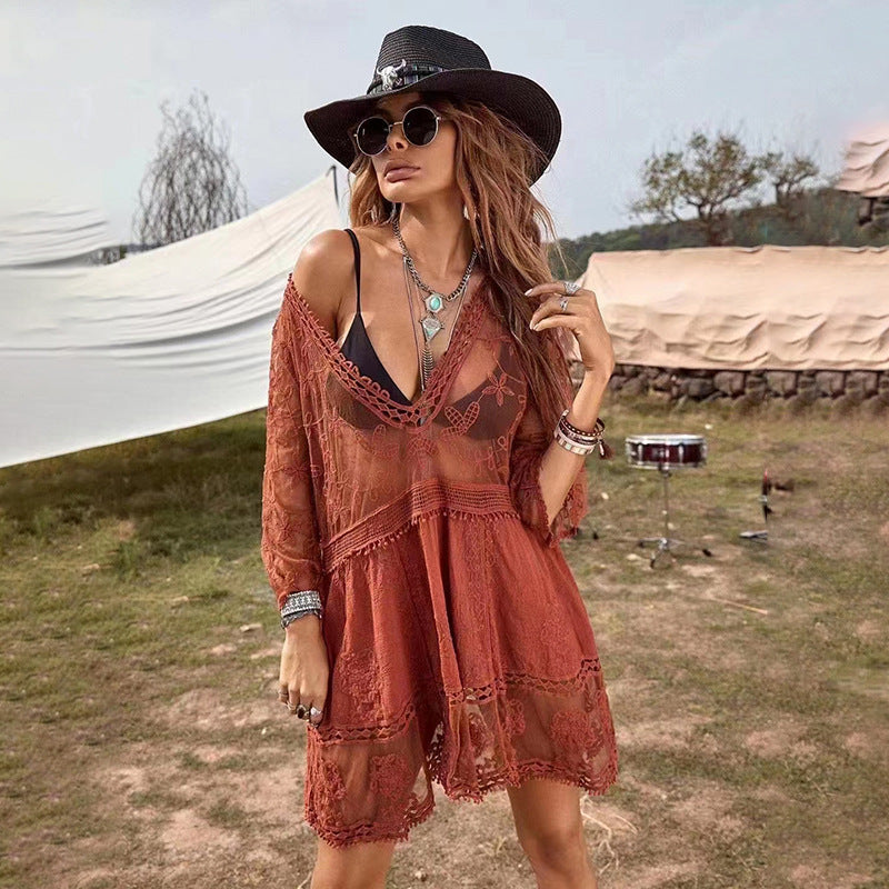 New European and American cotton pullover blouse Beach short skirt bikini blouse seaside holiday skirt swimsuit sun protection clothing for women