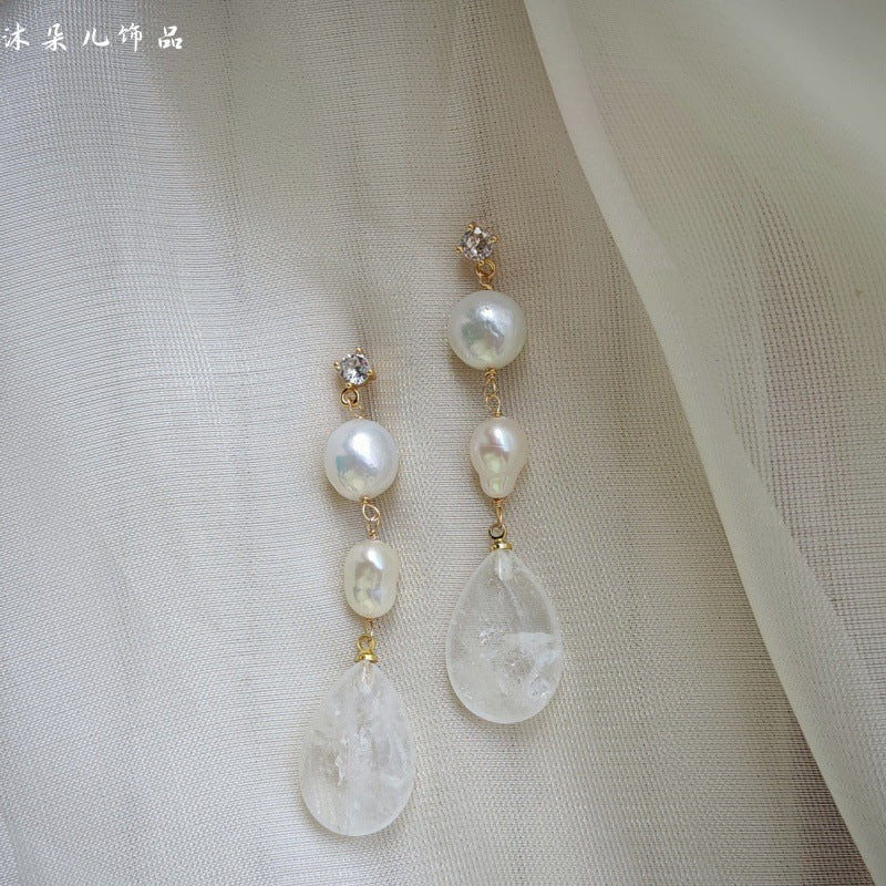 Original Design Natural Freshwater Pearl White Crystal French Water Drop Handmade Mid-Length Earrings Earrings Earrings