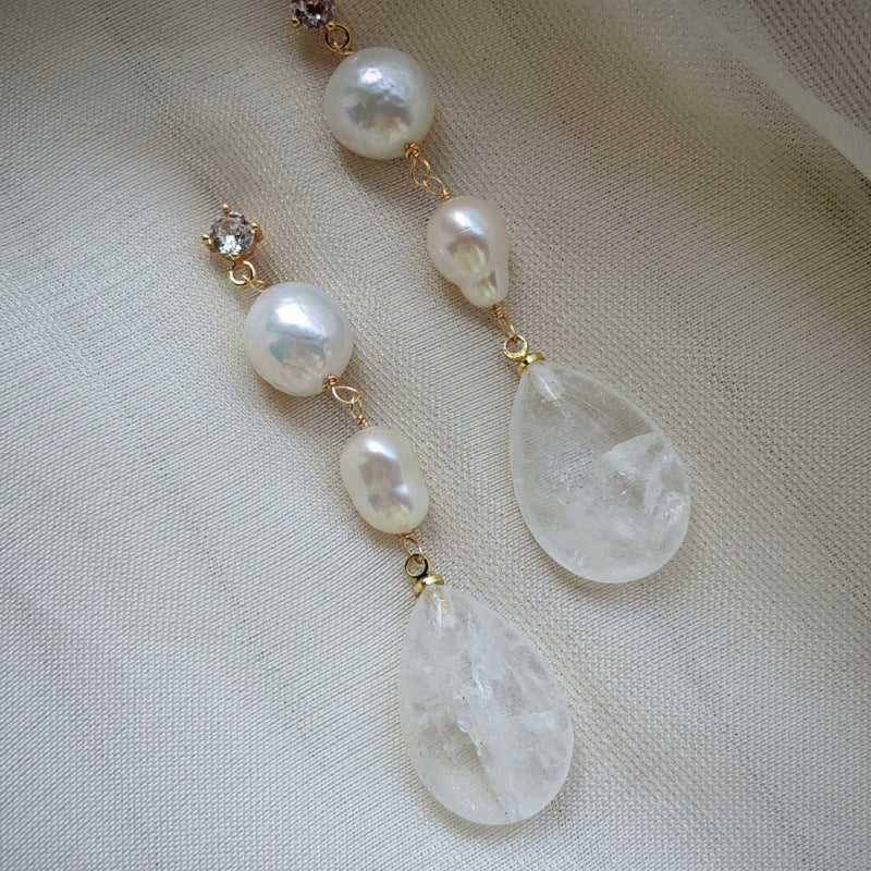 Original Design Natural Freshwater Pearl White Crystal French Water Drop Handmade Mid-Length Earrings Earrings Earrings