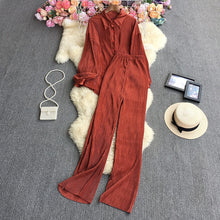 Cross-Border fashion set women's loose long sleeve pleated solid color shirt two-piece high waist draping straight wide leg trousers