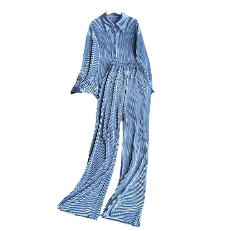 Cross-Border fashion set women's loose long sleeve pleated solid color shirt two-piece high waist draping straight wide leg trousers