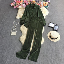 Cross-Border fashion set women's loose long sleeve pleated solid color shirt two-piece high waist draping straight wide leg trousers
