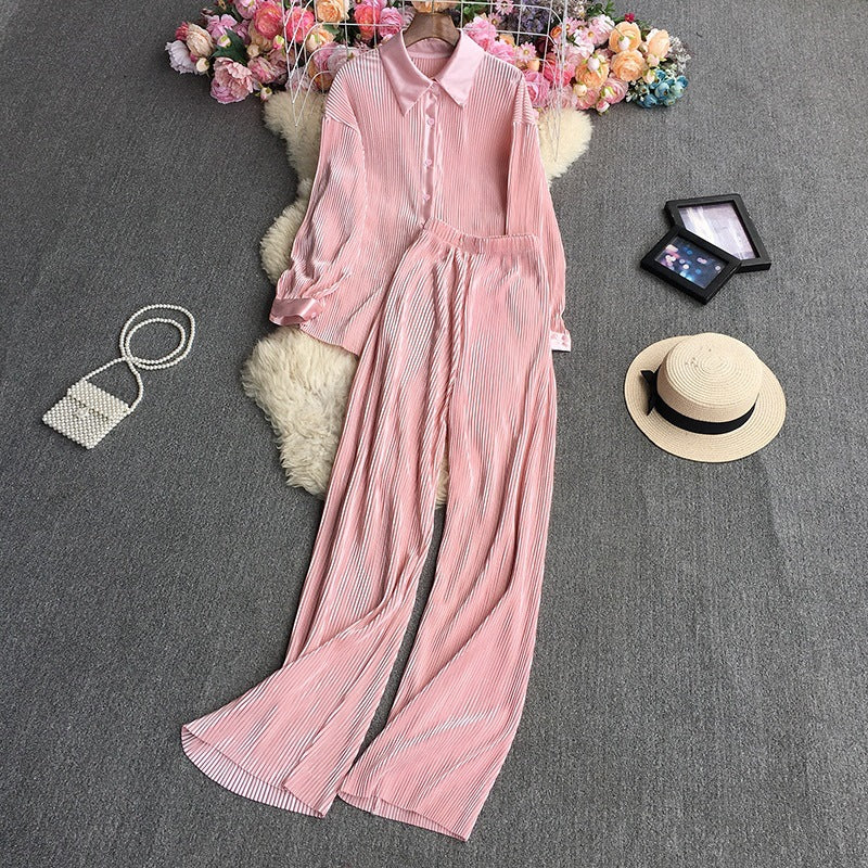 Cross-Border fashion set women's loose long sleeve pleated solid color shirt two-piece high waist draping straight wide leg trousers