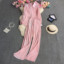 Cross-Border fashion set women's loose long sleeve pleated solid color shirt two-piece high waist draping straight wide leg trousers