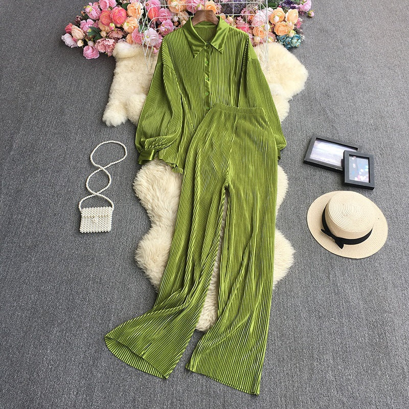 Cross-Border fashion set women's loose long sleeve pleated solid color shirt two-piece high waist draping straight wide leg trousers