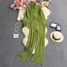 Cross-Border fashion set women's loose long sleeve pleated solid color shirt two-piece high waist draping straight wide leg trousers
