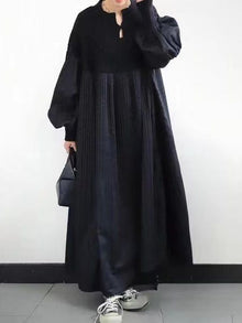 2025 Japanese Style Autumn New Pleated Diamond Pattern Sweater Spliced Long Dress in Stock