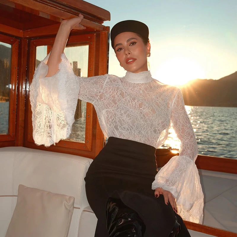 Elegant White Lace Blouse Women High Neck Flare Sleeve Top Sexy Sheer Mesh Shirt Hollow Out Victorian Partywear Tops Tee