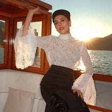 Elegant White Lace Blouse Women High Neck Flare Sleeve Top Sexy Sheer Mesh Shirt Hollow Out Victorian Partywear Tops Tee