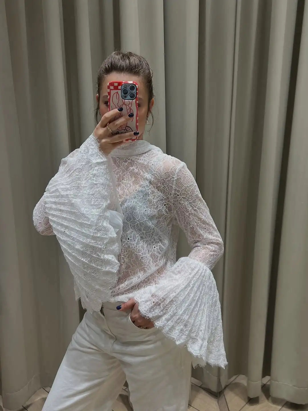 Women Chic Lace Flared Long Sleeves Shirt Elegant Half-high Collar See Through Lace-up Top 2026 Lady Spring Commute Street Tops
