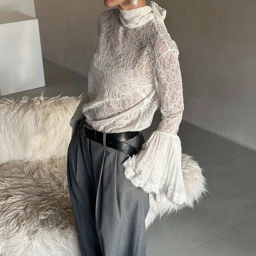 Women's Autumn Street Chic Sheer Stand Collar Lace-up Shirt Elegant White Embroidery Blouse Female Sexy Flare Sleeve Ladies Tops