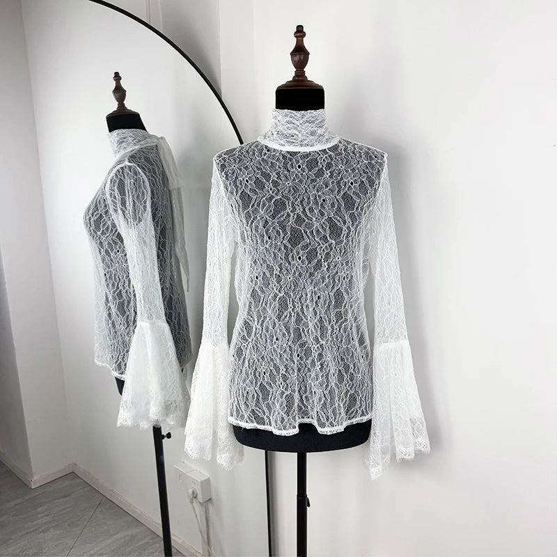 Tornova Sexy Lace Women's T shirt Ruffled Sleeve Ribbon Blouse Fashion Pullover Top 2025 Fall Winter Casual Office Lady T shirt
