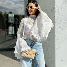 Women's Autumn Street Chic Sheer Stand Collar Lace-up Shirt Elegant White Embroidery Blouse Female Sexy Flare Sleeve Ladies Tops