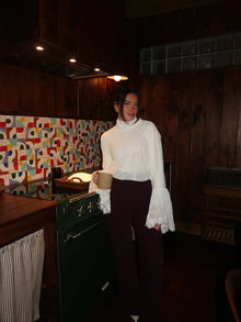 Women Chic Lace Flared Long Sleeves Shirt Elegant Half-high Collar See Through Lace-up Top 2026 Lady Spring Commute Street Tops