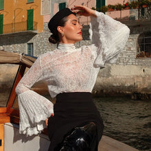 Elegant White Lace Blouse Women High Neck Flare Sleeve Top Sexy Sheer Mesh Shirt Hollow Out Victorian Partywear Tops Tee