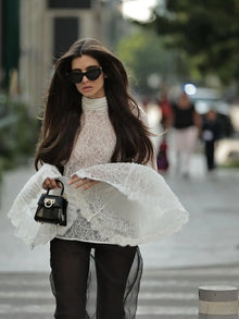 Women Chic Lace Flared Long Sleeves Shirt Elegant Half-high Collar See Through Lace-up Top 2026 Lady Spring Commute Street Tops