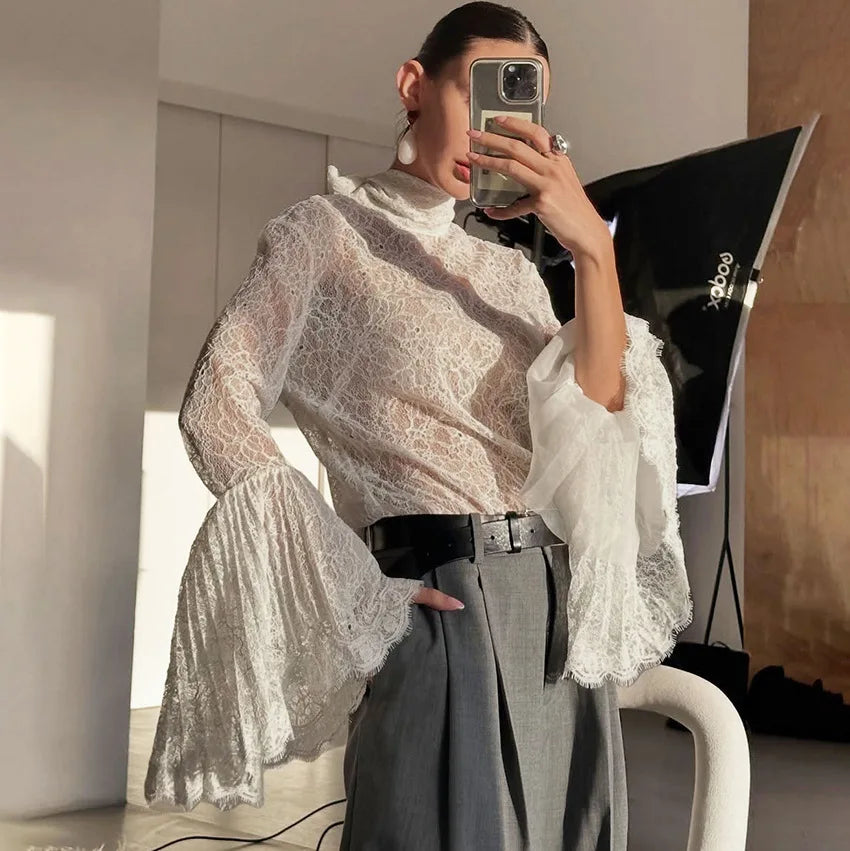 Women's Autumn Street Chic Sheer Stand Collar Lace-up Shirt Elegant White Embroidery Blouse Female Sexy Flare Sleeve Ladies Tops
