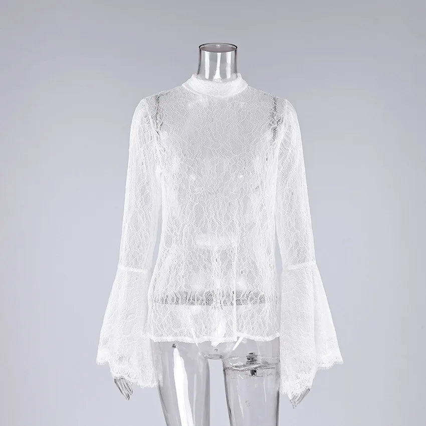 Elegant White Lace Blouse Women High Neck Flare Sleeve Top Sexy Sheer Mesh Shirt Hollow Out Victorian Partywear Tops Tee